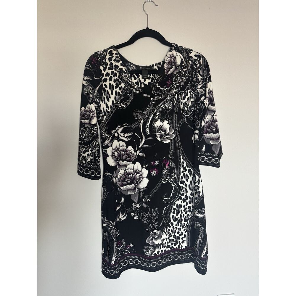 White House Black Market Black Floral Animal Print Sheath Dress Cowl Neck S - Picture 2 of 5